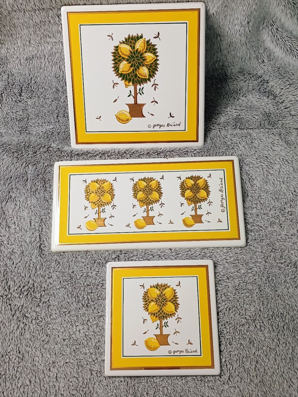 MCM Georges Briard Lemon Tree Tiles Enamel Set 3 Wall/Kitchen Art Vintage 1960s